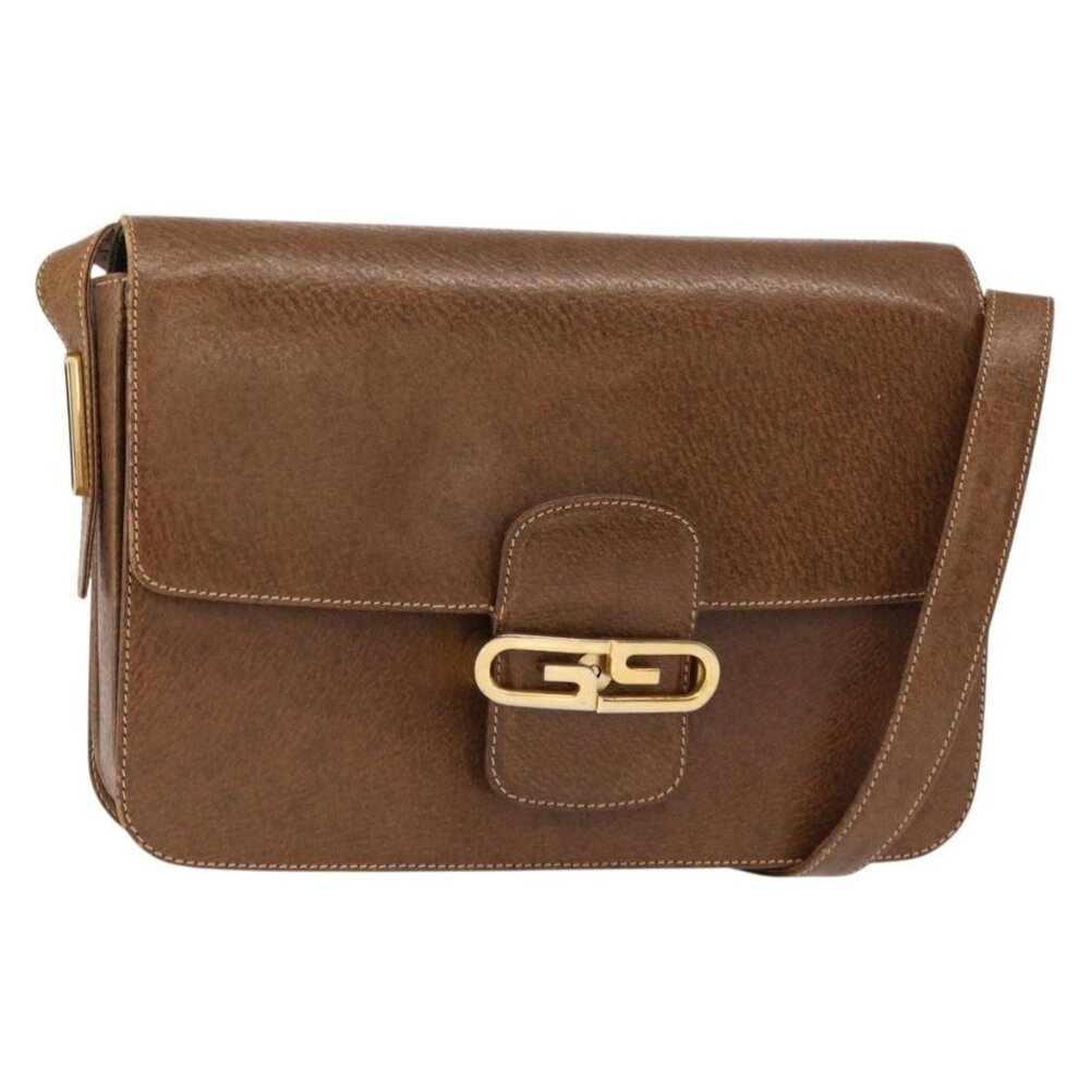 Authentic GUCCI Shoulder Bag Leather Brown Gold